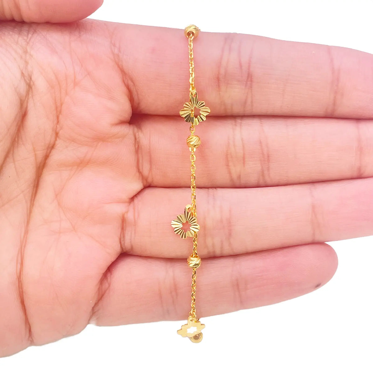 22ct Gold Flower Charm Drop & Diamond Cut Bead Cable Chain Bracelet 7 Inches¬†