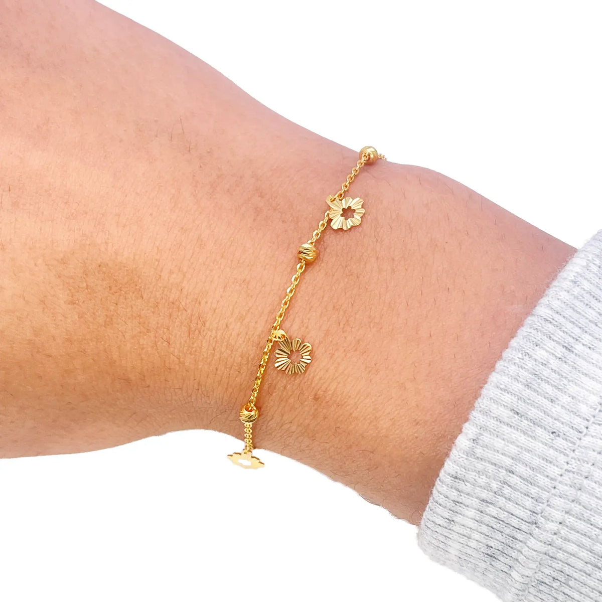 22ct Gold Flower Charm Drop & Diamond Cut Bead Cable Chain Bracelet 7 Inches¬†