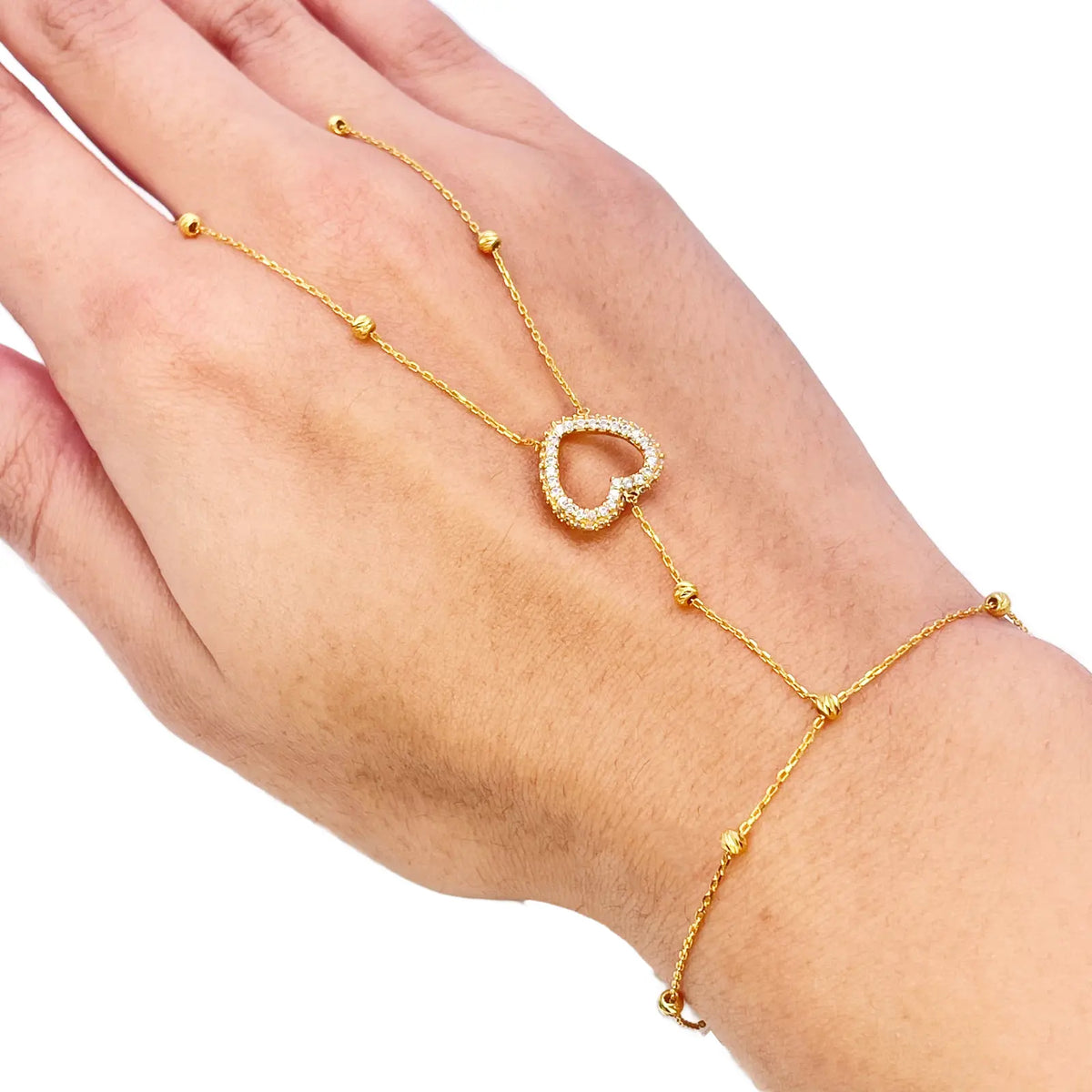 22ct Gold Hand Chain Diamond Cut Beaded Cubic Zirconia Heart Hand Harness Bracelet 