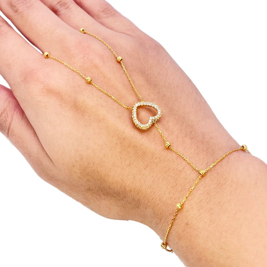 22ct Gold Hand Chain Diamond Cut Beaded Cubic Zirconia Heart Hand Harness Bracelet 