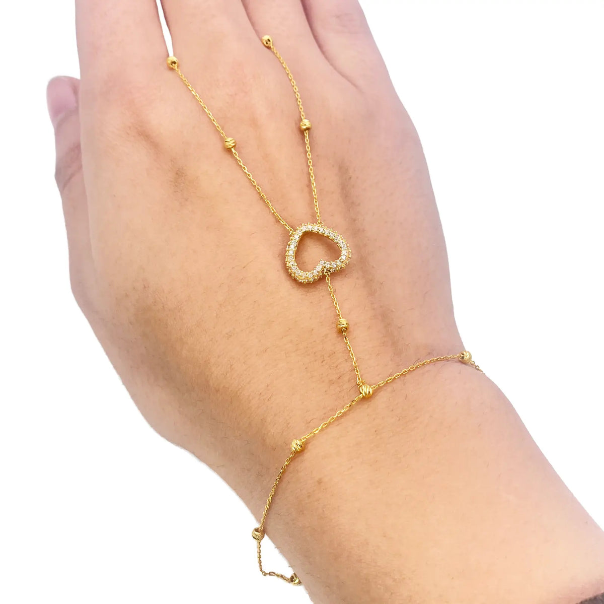 22ct Gold Hand Chain Diamond Cut Beaded Cubic Zirconia Heart Hand Harness Bracelet 