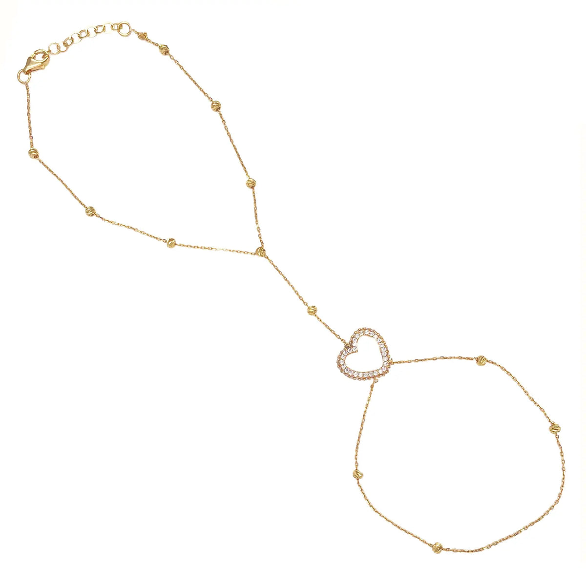 22ct Gold Hand Chain Diamond Cut Beaded Cubic Zirconia Heart Hand Harness Bracelet 