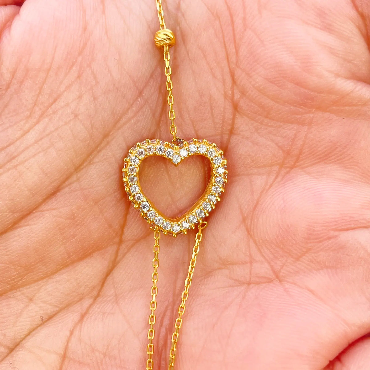 22ct Gold Hand Chain Diamond Cut Beaded Cubic Zirconia Heart Hand Harness Bracelet 