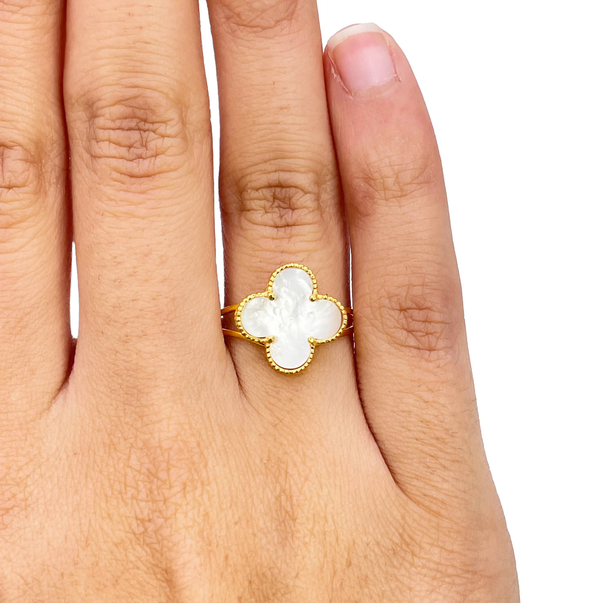 22ct Gold Leaf Ring Trendy Mother Of Pearl Split Shank - 13mm Width  Gold Ring