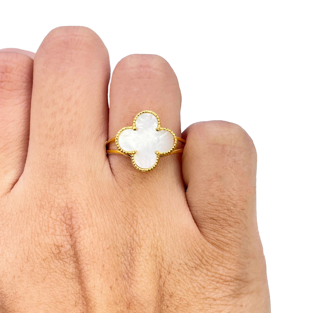 22ct Gold Leaf Ring Trendy Mother Of Pearl Split Shank - 13mm Width  Gold Ring