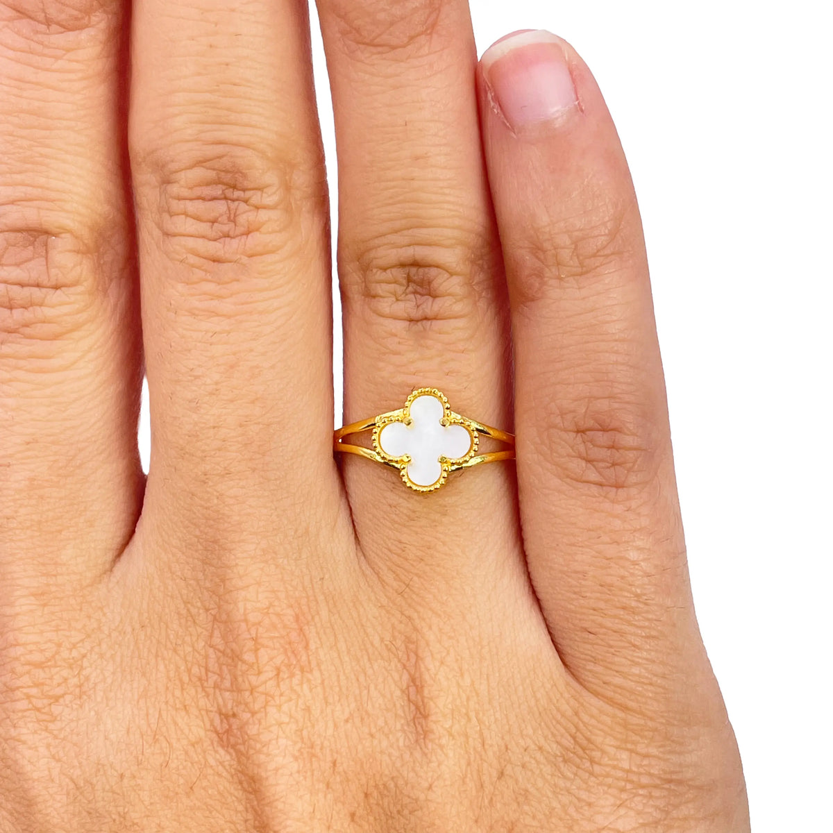 22ct Gold Leaf Ring Trendy Mother Of Pearl Split Shank - 9.5mm Width  Gold Ring
