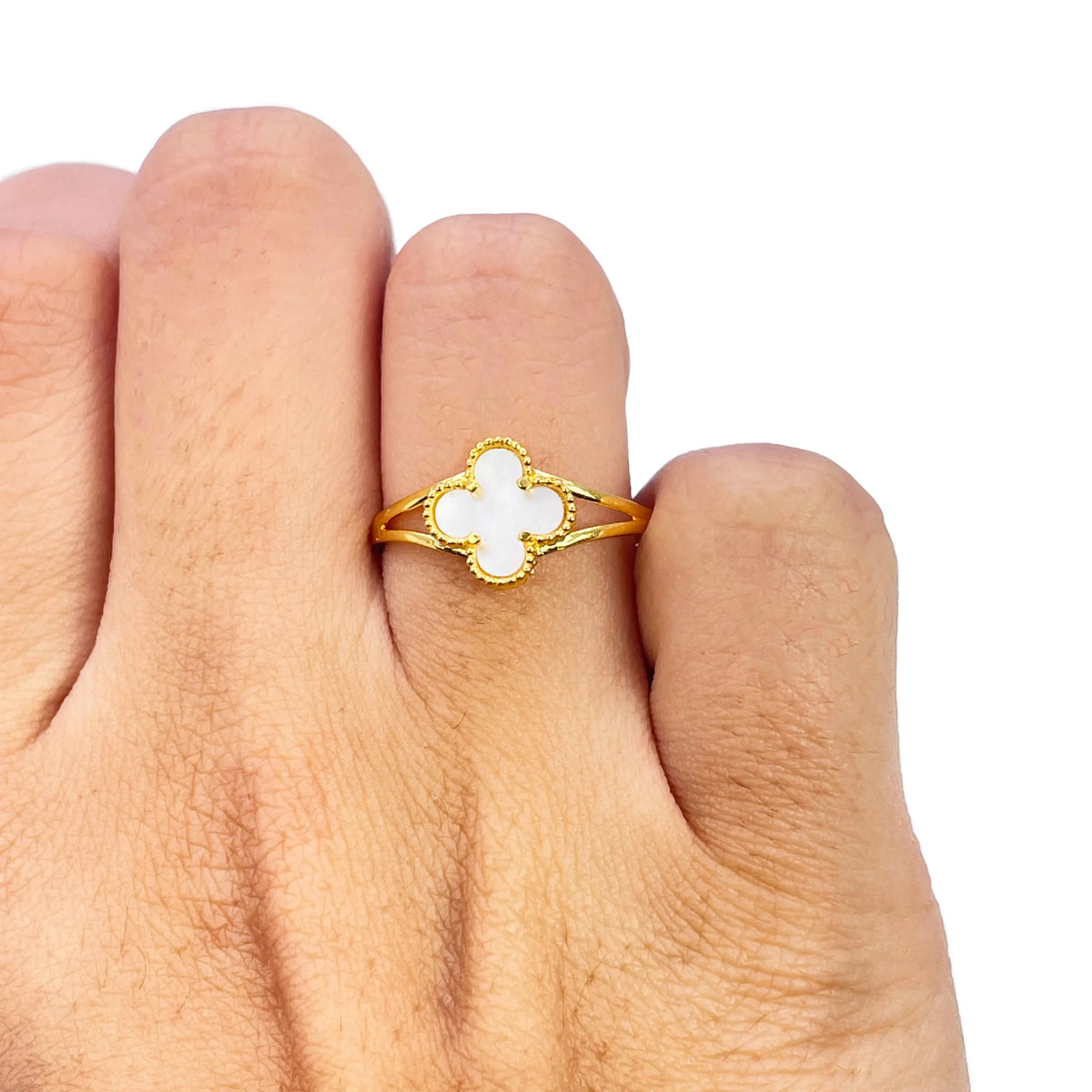 22ct Gold Leaf Ring Trendy Mother Of Pearl Split Shank - 9.5mm Width  Gold Ring