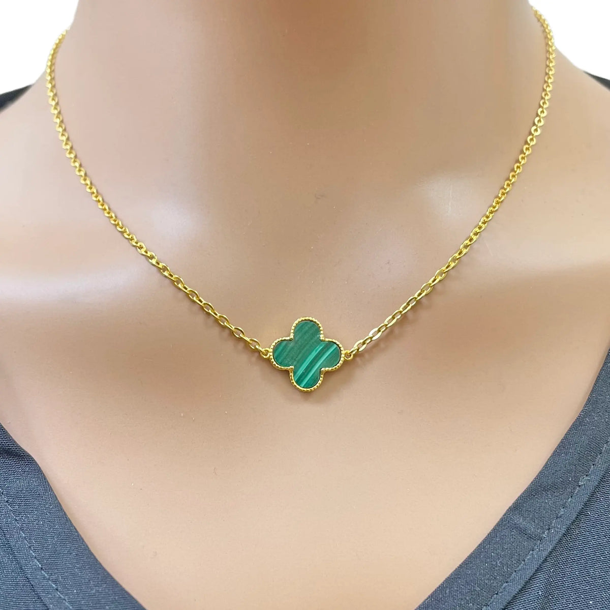 22ct Gold Malachite Flower Necklace - 17-18 Inches - 13.5mm Width 