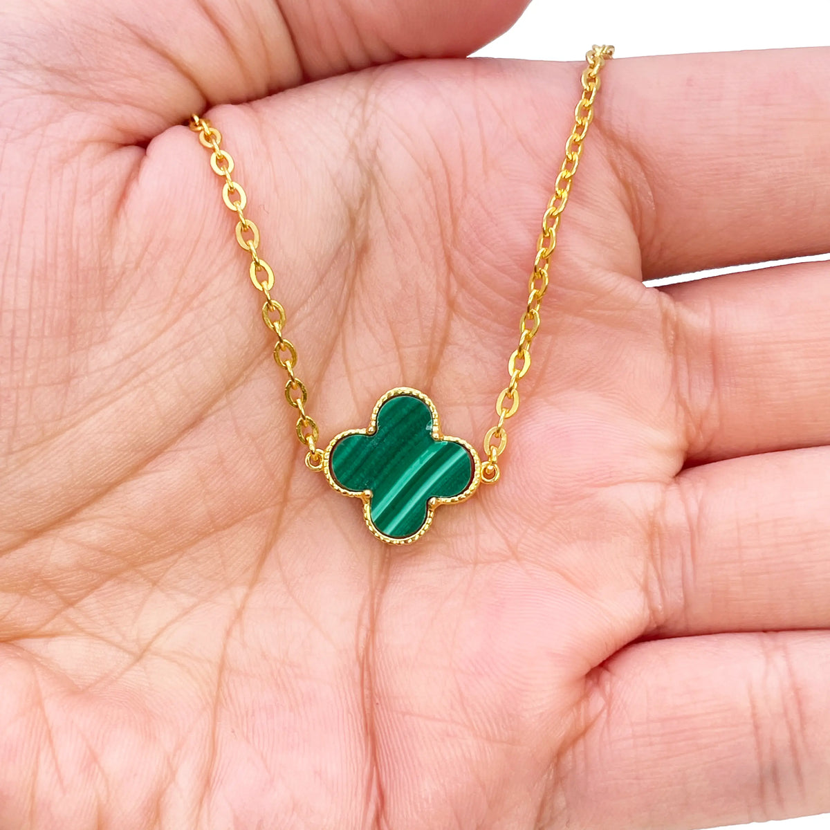 22ct Gold Malachite Flower Necklace - 17-18 Inches - 13.5mm Width 