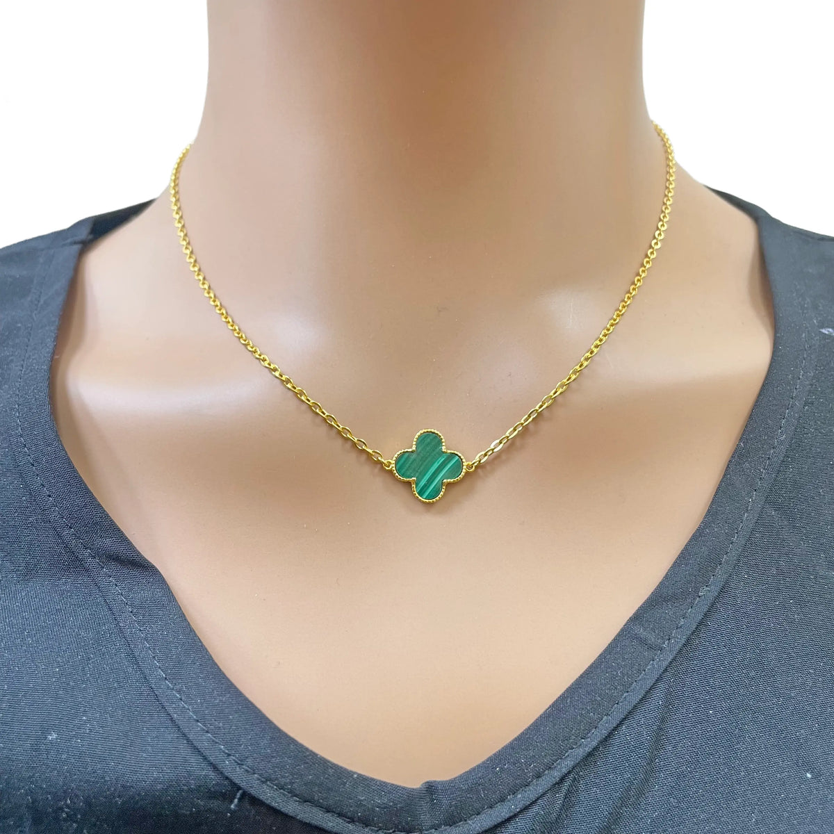 22ct Gold Malachite Flower Necklace - 17-18 Inches - 13.5mm Width 
