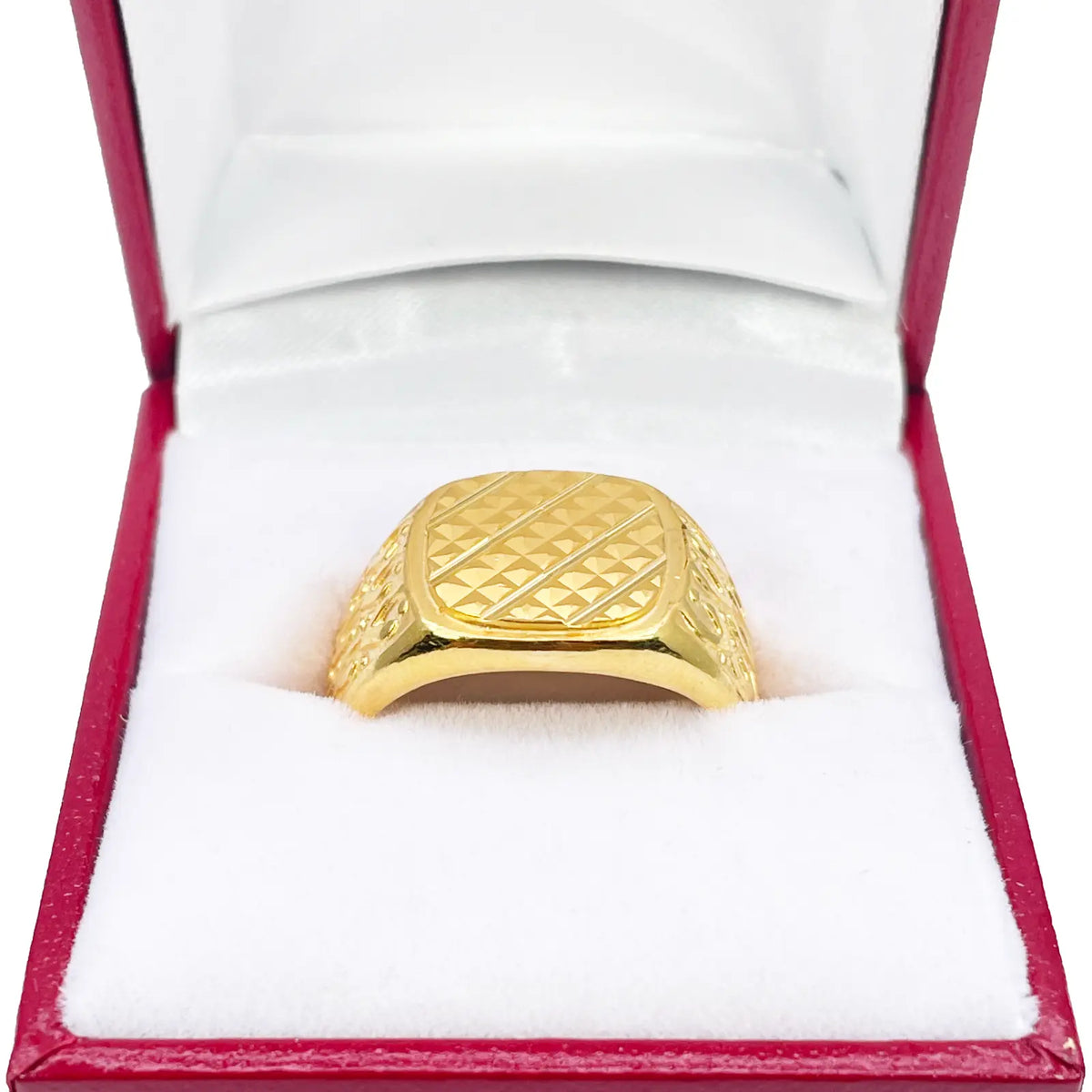 22ct Gold Mens Signet High Polished & Matt Diamond Cut Textured Ring 