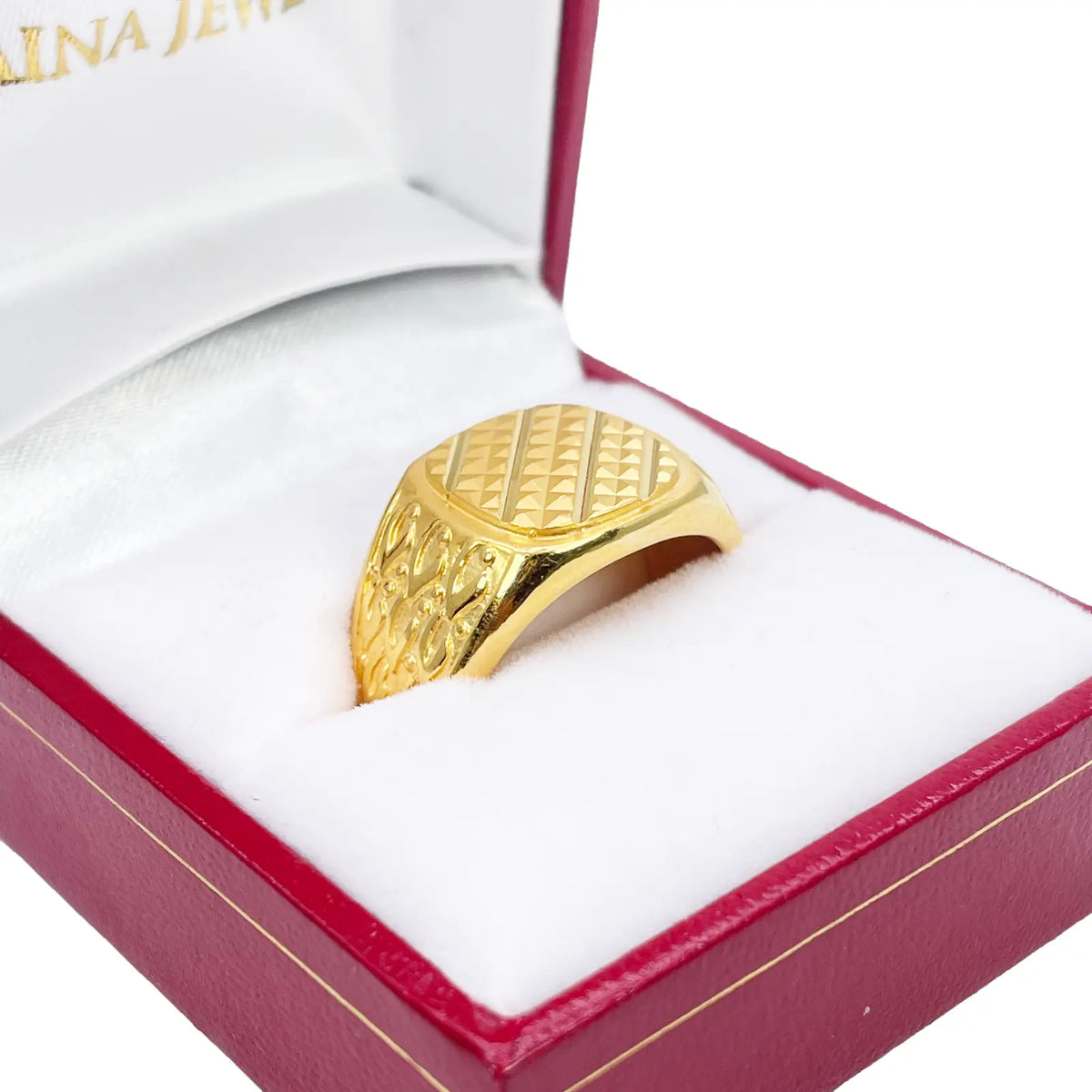 22ct Gold Mens Signet High Polished & Matt Diamond Cut Textured Ring 