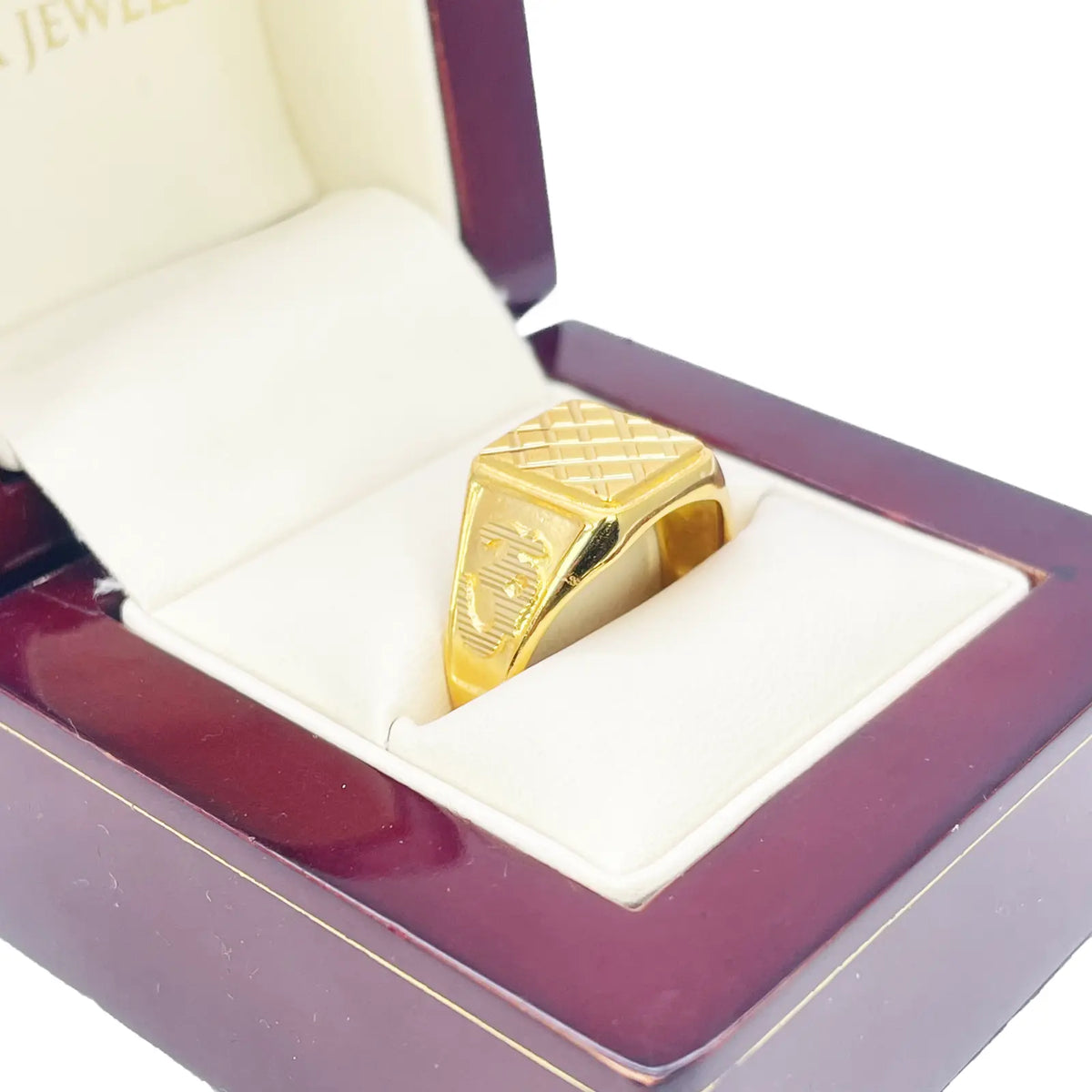 22ct Gold Mens Signet Square Diamond Cut Textured Criss-Cross Ring 