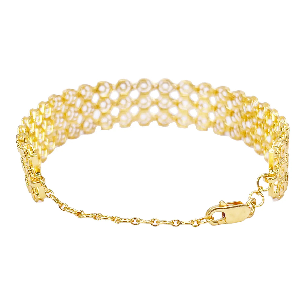 22ct Gold Milgrain Bracelet Three Row Diamond Cut Hexagon 7.5 Inch 13mm Width 