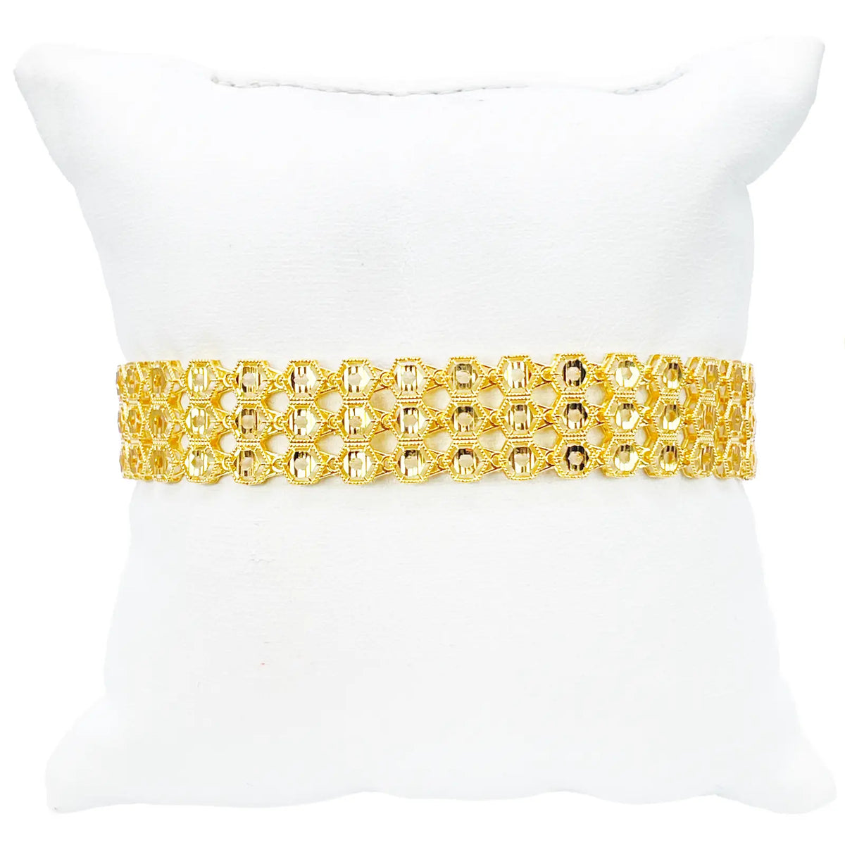22ct Gold Milgrain Bracelet Three Row Diamond Cut Hexagon 7.5 Inch 13mm Width 