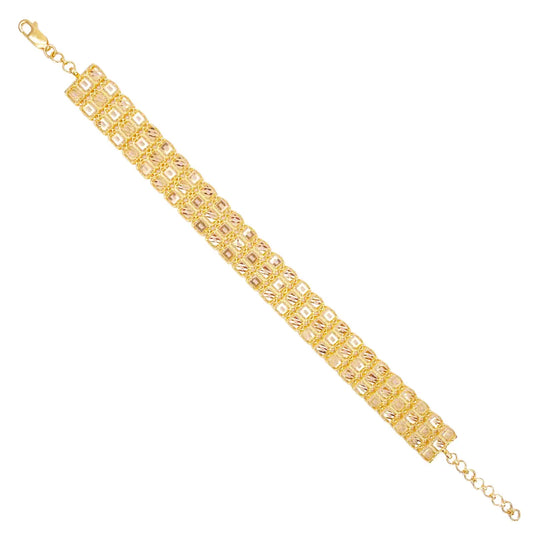 22ct Gold Milgrain Bracelet Three Row Diamond Cut Square 7.5 Inches 11.6mm Width 