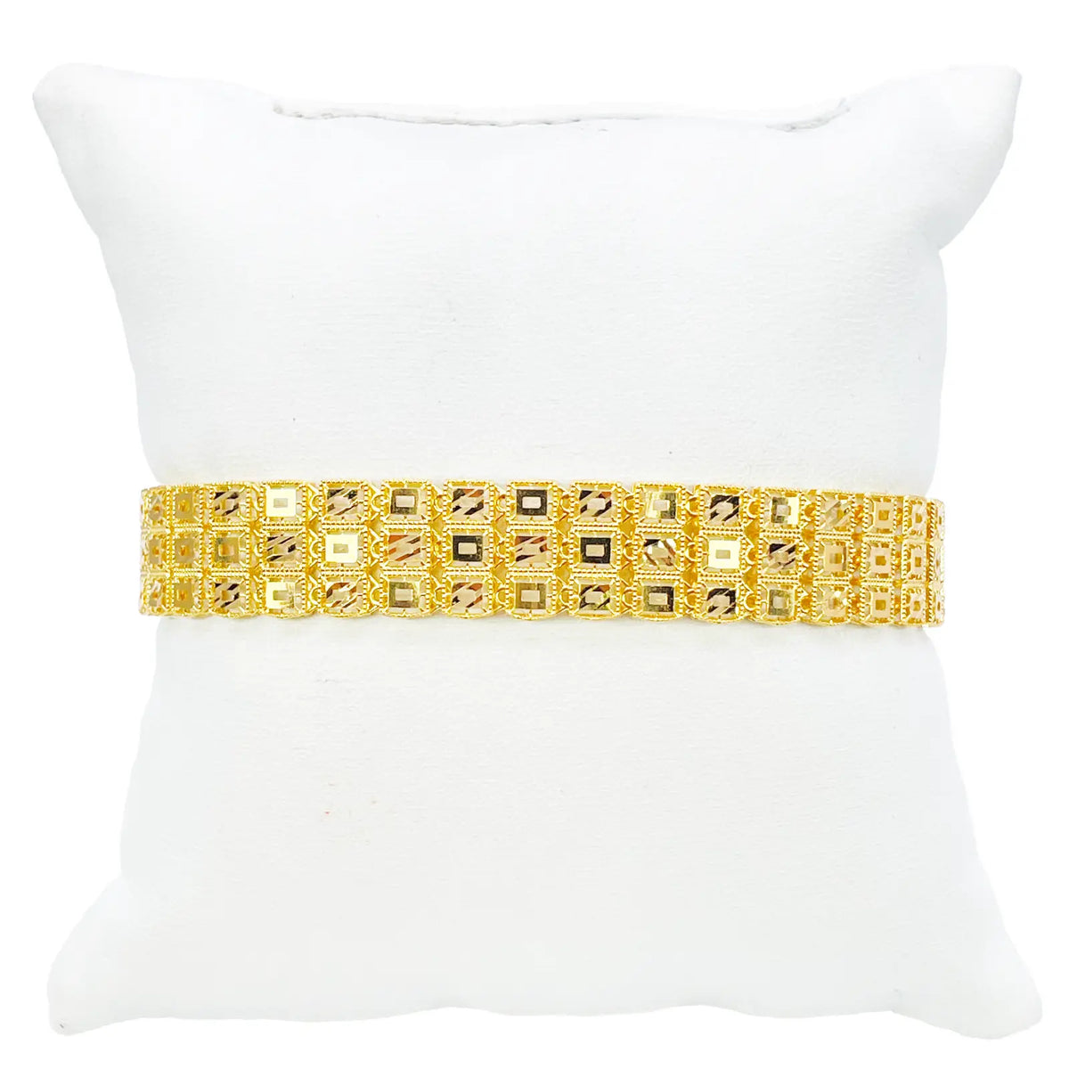 22ct Gold Milgrain Bracelet Three Row Diamond Cut Square 7.5 Inches 11.6mm Width 