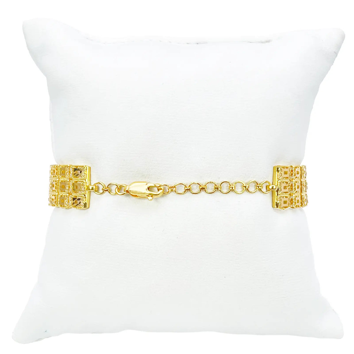 22ct Gold Milgrain Bracelet Three Row Diamond Cut Square 7.5 Inches 11.6mm Width 