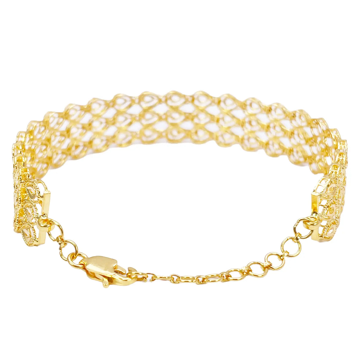 22ct Gold Milgrain Bracelet Three Row Diamond Cut Teardrop 7.5 Inch 12mm Width 