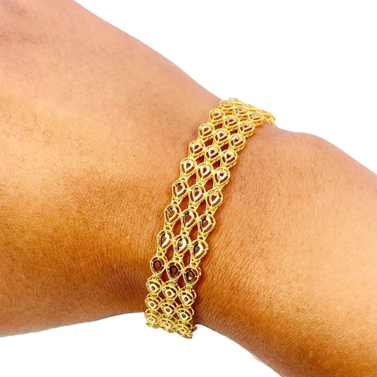 22ct Gold Milgrain Bracelet Three Row Diamond Cut Teardrop 7.5 Inch 12mm Width 
