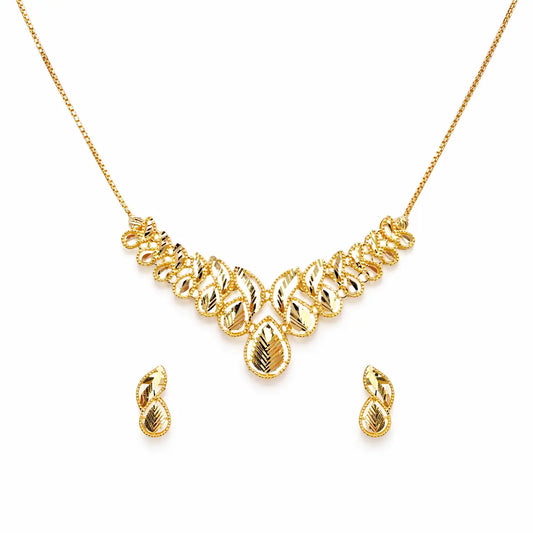 22ct Gold Milgrain Diamond-Cut Floral Leaf Necklace & Earring Jewelry Set  Gold Necklace