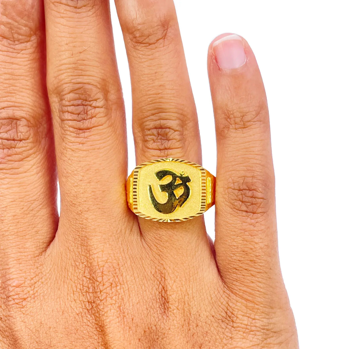 22ct Gold OM Signet Diamond Cut High Polished, Matt & Textured Mens Ring 