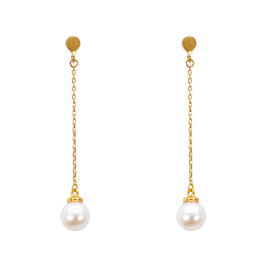 22ct Gold Pearl Drop Earrings Elegant Cable Chain Link Freshwater Pearl 1.5 Inch 