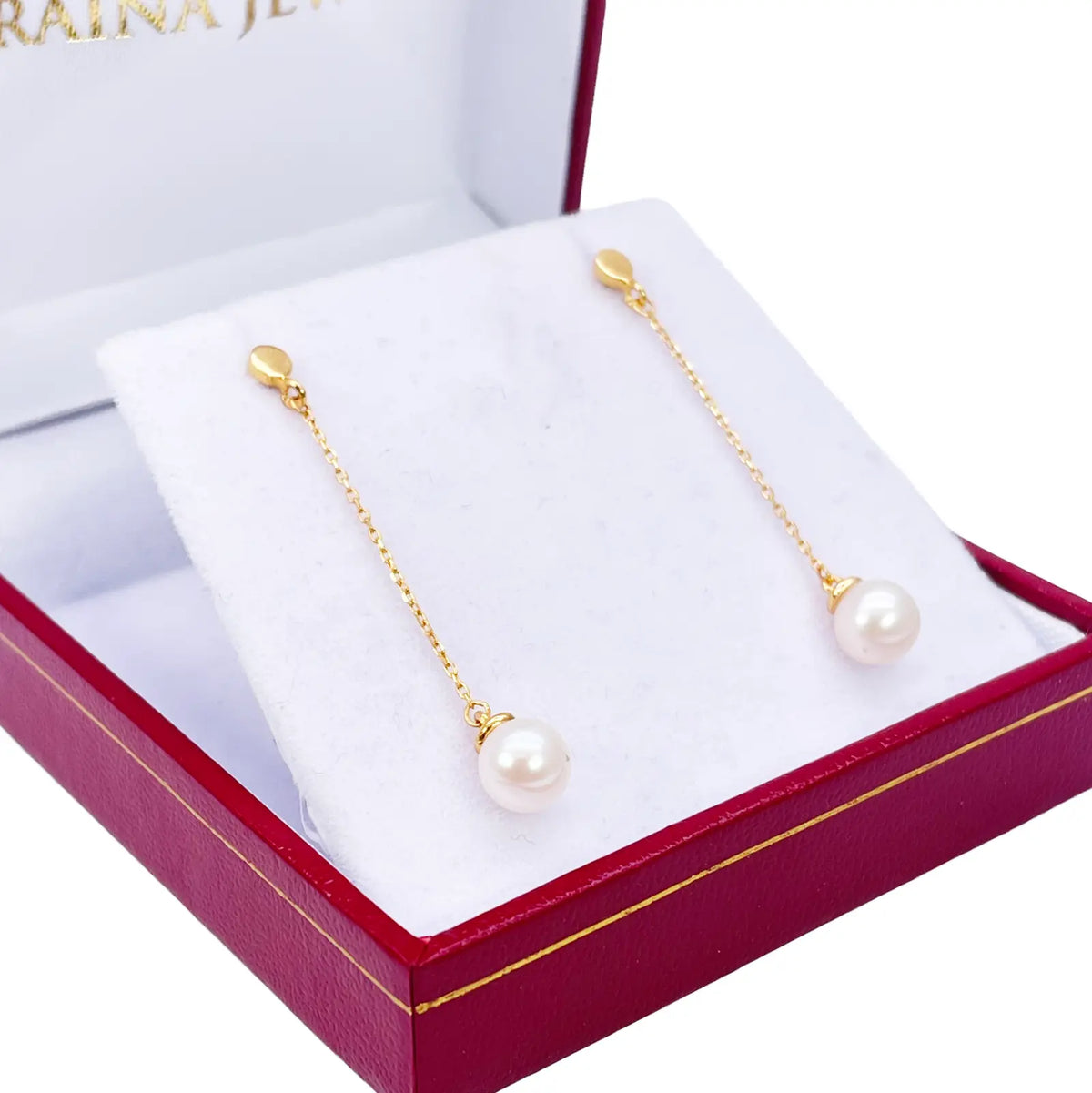 22ct Gold Pearl Drop Earrings Elegant Cable Chain Link Freshwater Pearl 1.5 Inch 