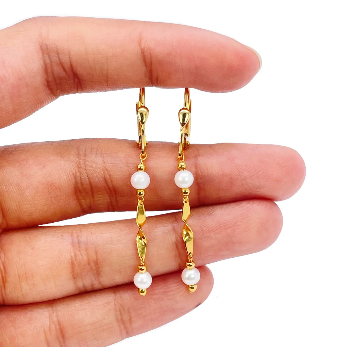 22ct Gold Pearl Drop Earrings Leverback Freshwater Pearl Twisted Design 1.8 Inch  Gold earring