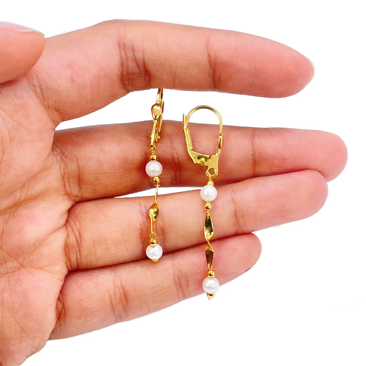 22ct Gold Pearl Drop Earrings Leverback Freshwater Pearl Twisted Design 1.8 Inch  Gold earring