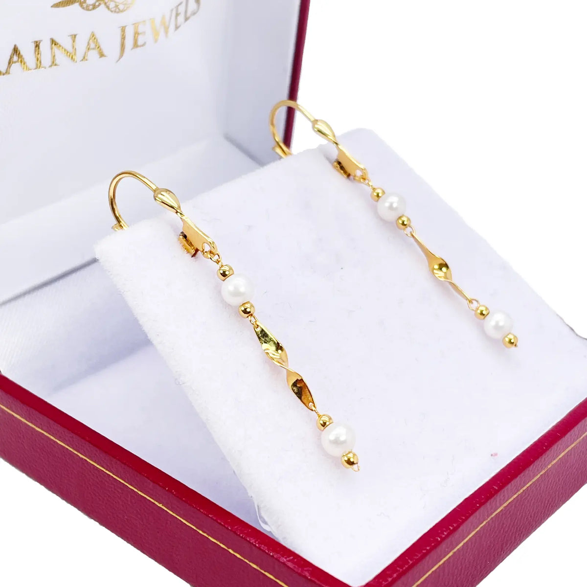 22ct Gold Pearl Drop Earrings Leverback Freshwater Pearl Twisted Design 1.8 Inch  Gold earring
