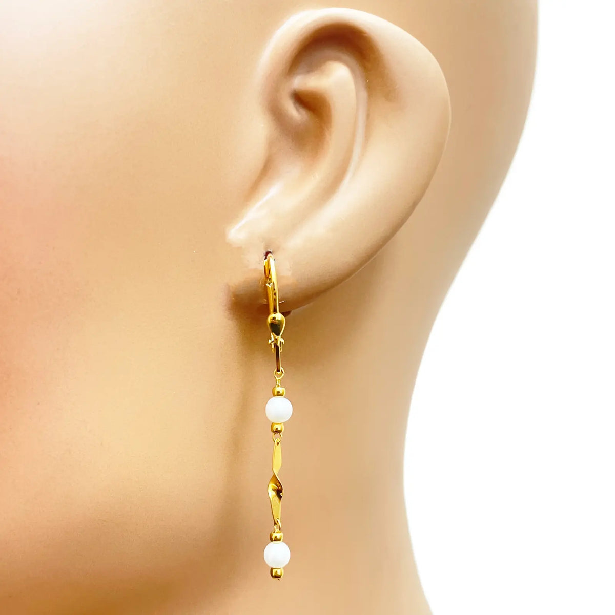 22ct Gold Pearl Drop Earrings Leverback Freshwater Pearl Twisted Design 1.8 Inch  Gold earring