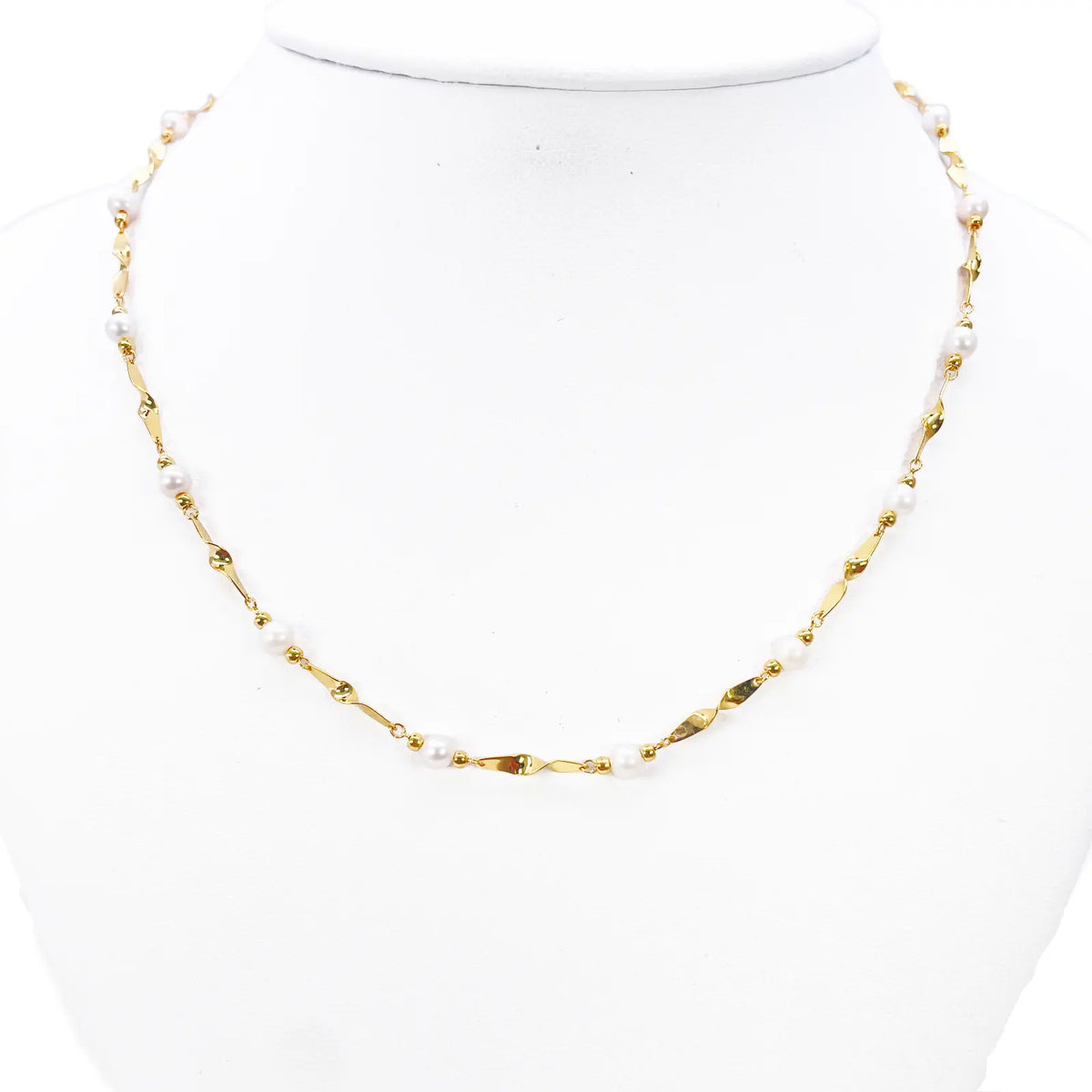22ct Gold Pearl Necklace High Polished Twisted Link Freshwater Pearl Chain 16 inches 