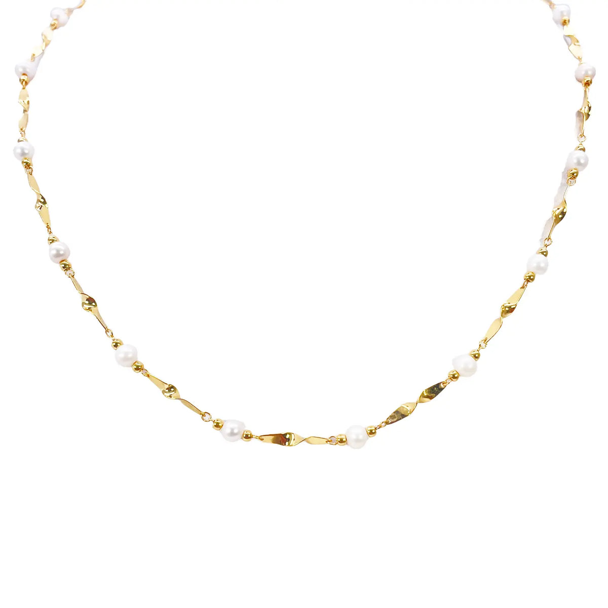 22ct Gold Pearl Necklace High Polished Twisted Link Freshwater Pearl Chain 16 inches 