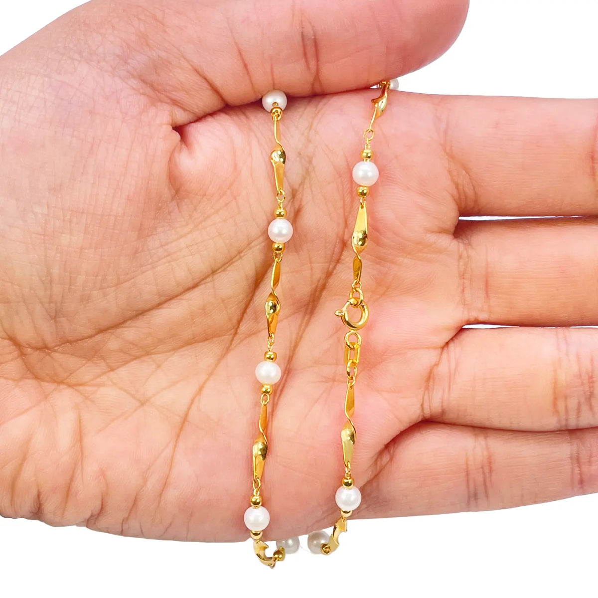22ct Gold Pearl Necklace High Polished Twisted Link Freshwater Pearl Chain 16 inches 