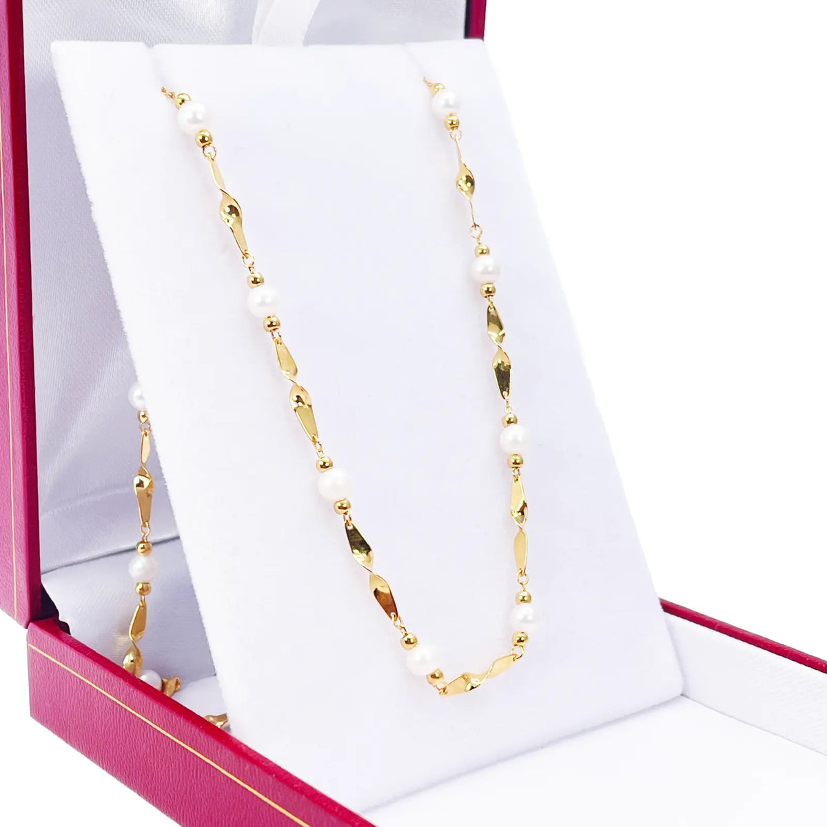 22ct Gold Pearl Necklace High Polished Twisted Link Freshwater Pearl Chain 16 inches 