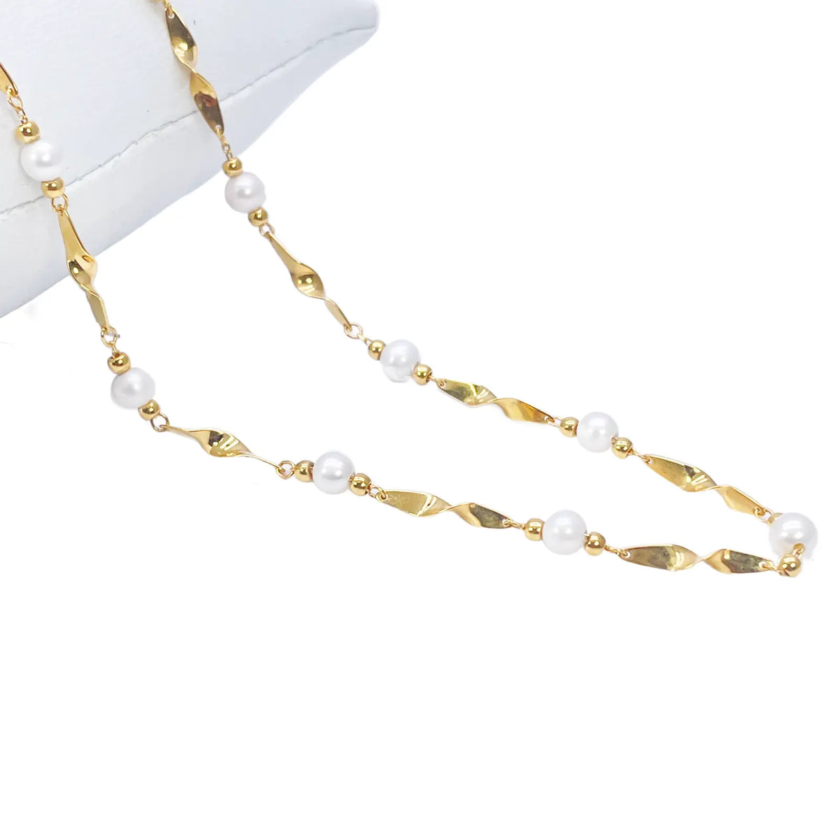 22ct Gold Pearl Necklace High Polished Twisted Link Freshwater Pearl Chain 16 inches 