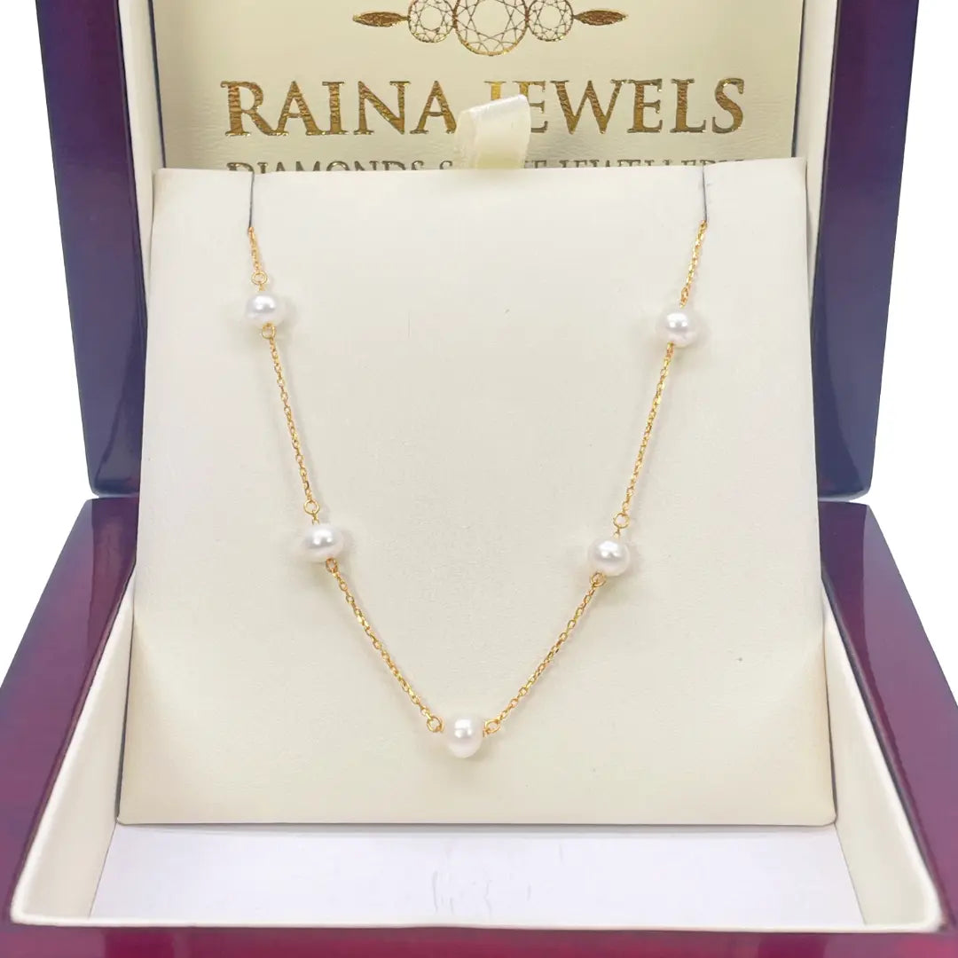 22ct Gold Pearl Necklace Nine Freshwater Pearl Cable Chain 16 inches 