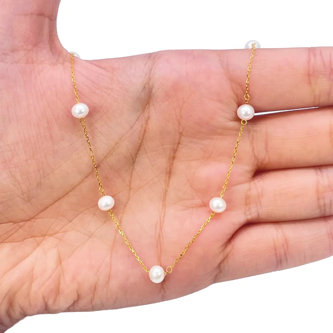 22ct Gold Pearl Necklace Nine Freshwater Pearl Cable Chain 16 inches 