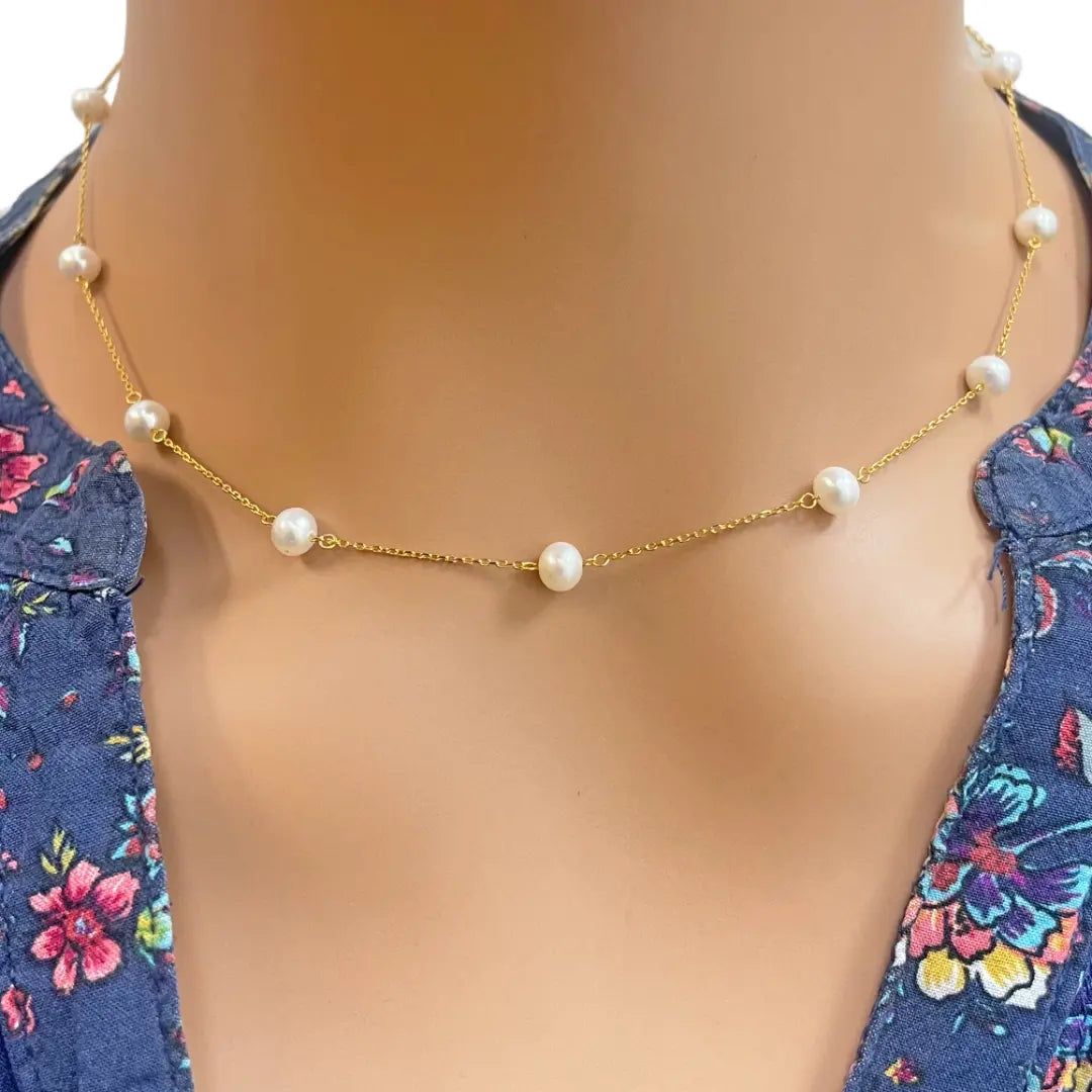 22ct Gold Pearl Necklace Nine Freshwater Pearl Cable Chain 16 inches 