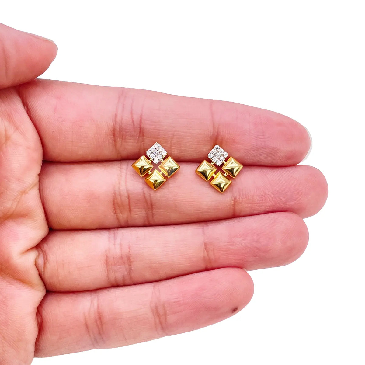 22ct Gold Pyramid Cubic Zirconia Stud Earrings Elegant Geometric Design High Polished 11x11mm  Gold earring
