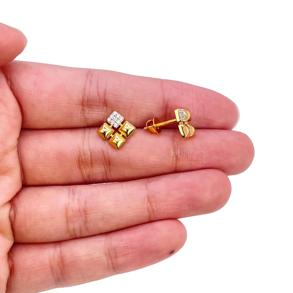 22ct Gold Pyramid Cubic Zirconia Stud Earrings Elegant Geometric Design High Polished 11x11mm  Gold earring