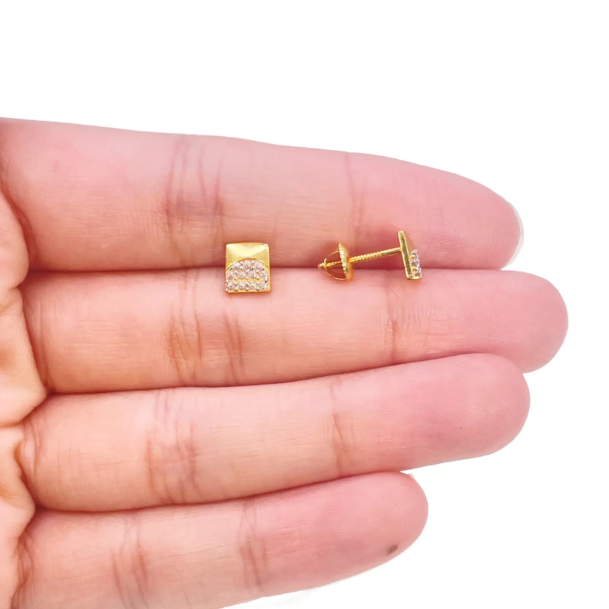 22ct Gold Square Cubic Zirconia Stud High Polished Earrings Sparkle Design 5.5mm  Gold earring