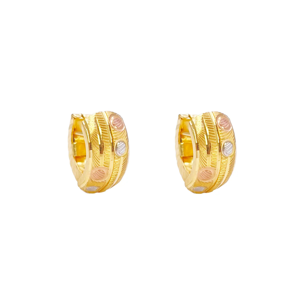 22ct Gold Triple-Tone Huggies Hoop Earrings Diameter 7 mm 