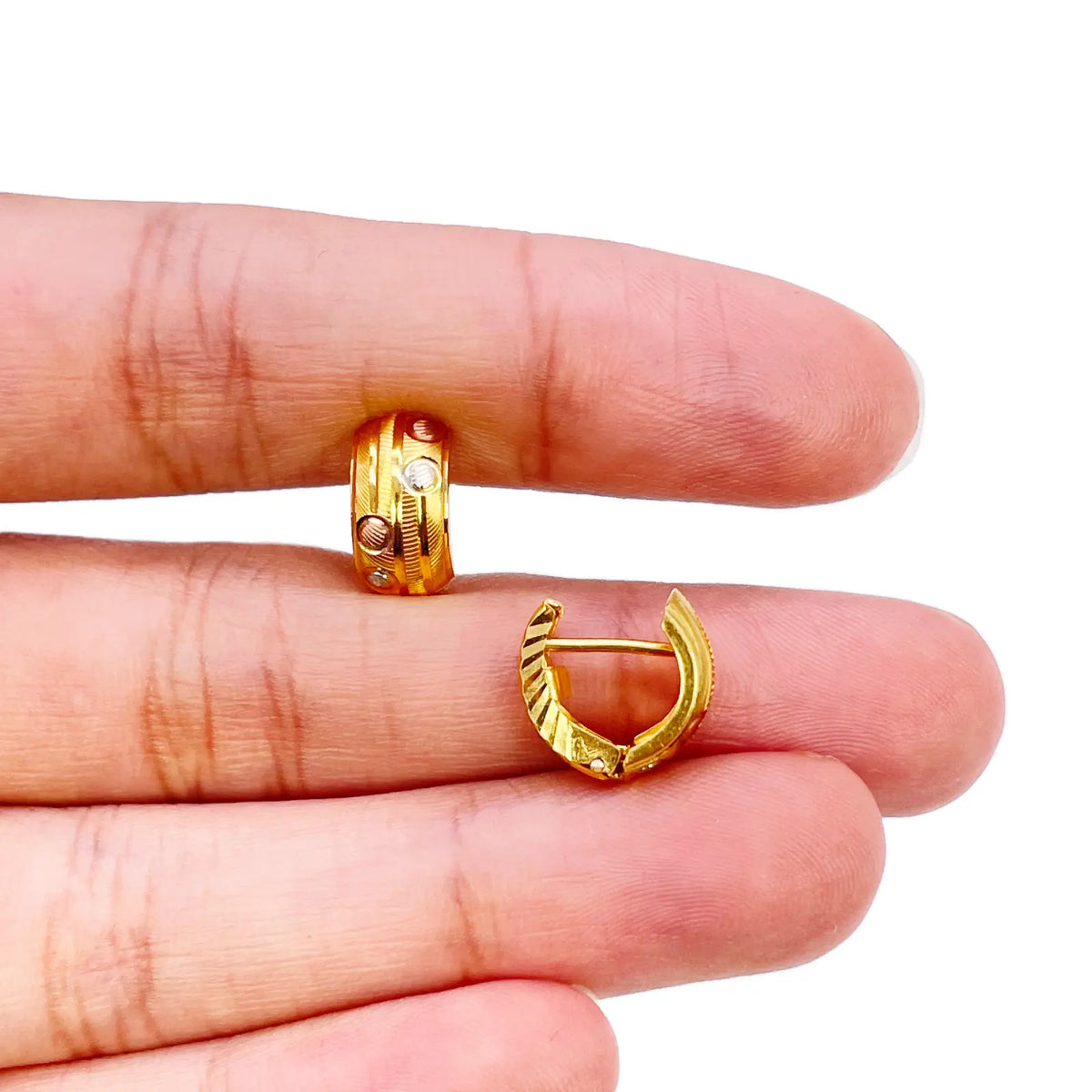 22ct Gold Triple-Tone Huggies Hoop Earrings Diameter 7 mm 