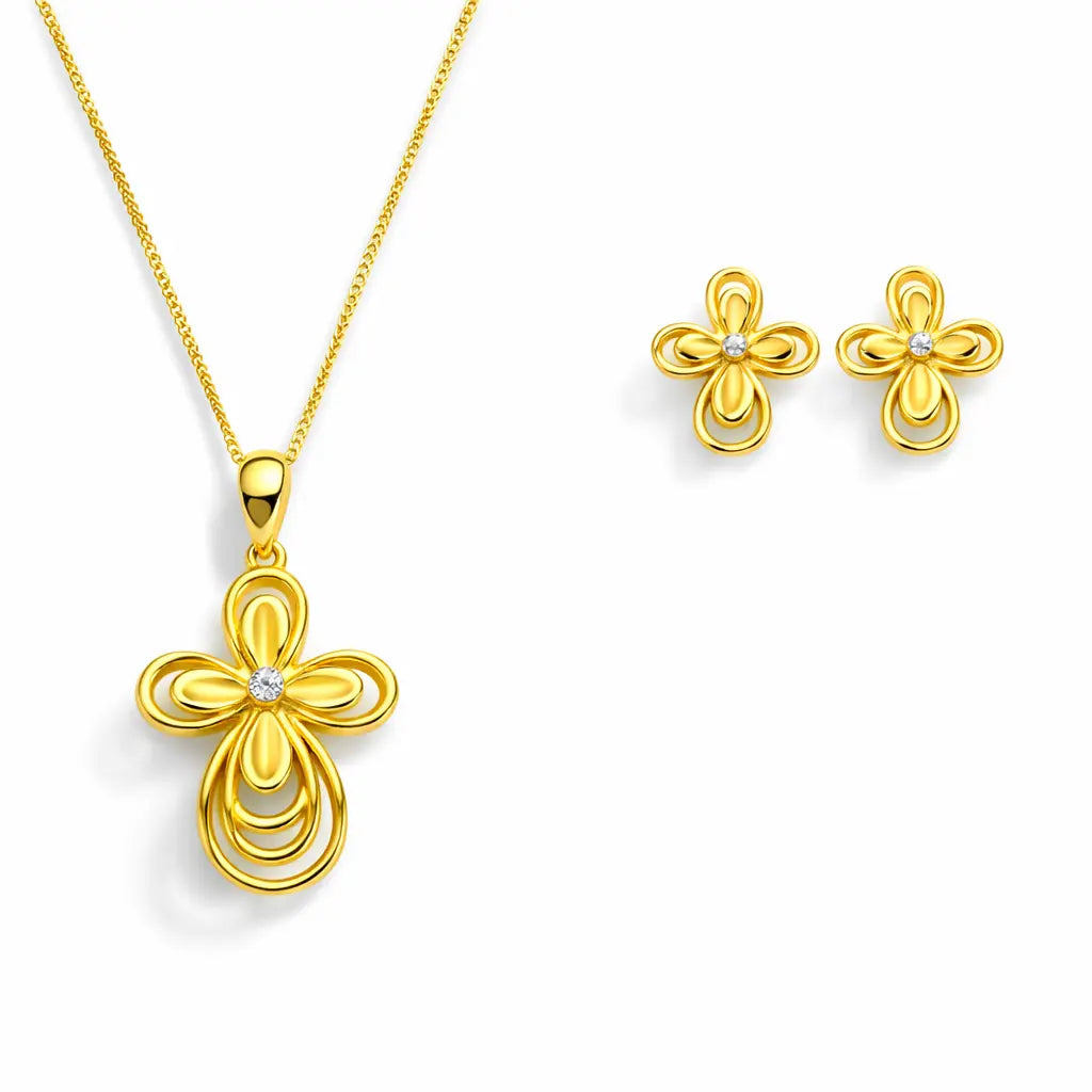 22ct Yellow Gold 2 Tone Floral Design Earrings, Pendant & Chain Necklace 18''inches  Gold Necklace