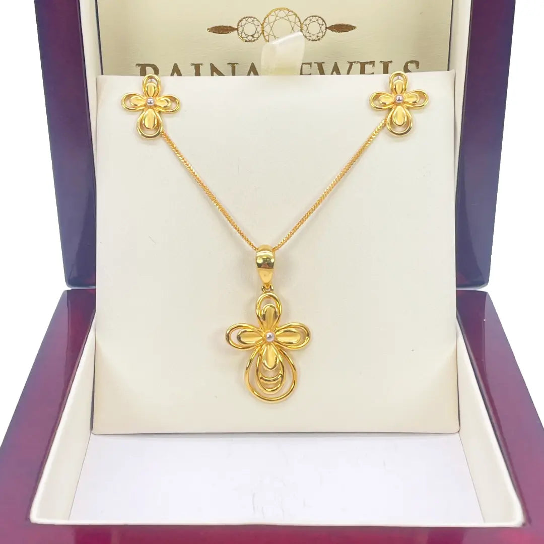 22ct Yellow Gold 2 Tone Floral Design Earrings, Pendant & Chain Necklace 18''inches 