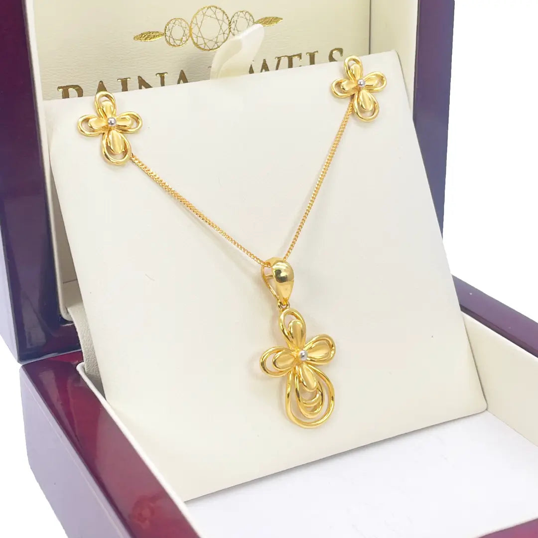 22ct Yellow Gold 2 Tone Floral Design Earrings, Pendant & Chain Necklace 18''inches 