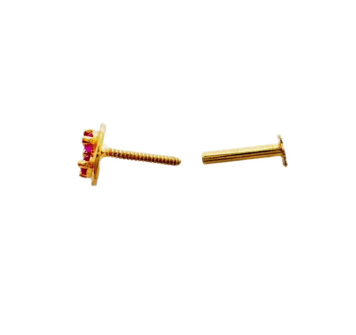 22ct Yellow Gold 3 Stone Ruby Round Nose Pin Stud 5mm 