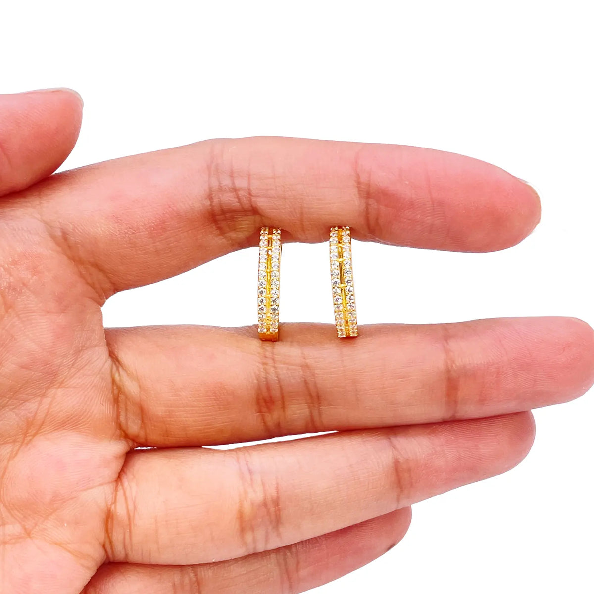 22ct Yellow Gold Beautiful Cubic Zirconia Two Row Huggies Hoop Earrings 10mm Inside Diameter  Gold earring